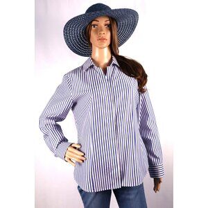 Chicos Blue & White Striped No-Iron Button-Up Shirt Womens Size 1 (M) 95% Cotton